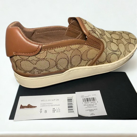 Coach Wells Slip On Sneakers C4393 Sig PVC Khaki Saddle Women’s 9B NIB - Picture 2 of 12